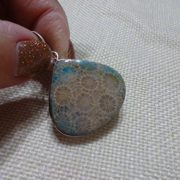 Stunning "TEAL FOSSIL CORAL" Handmade Sterling Pendant/Chain #495B - Picture 2 of 3